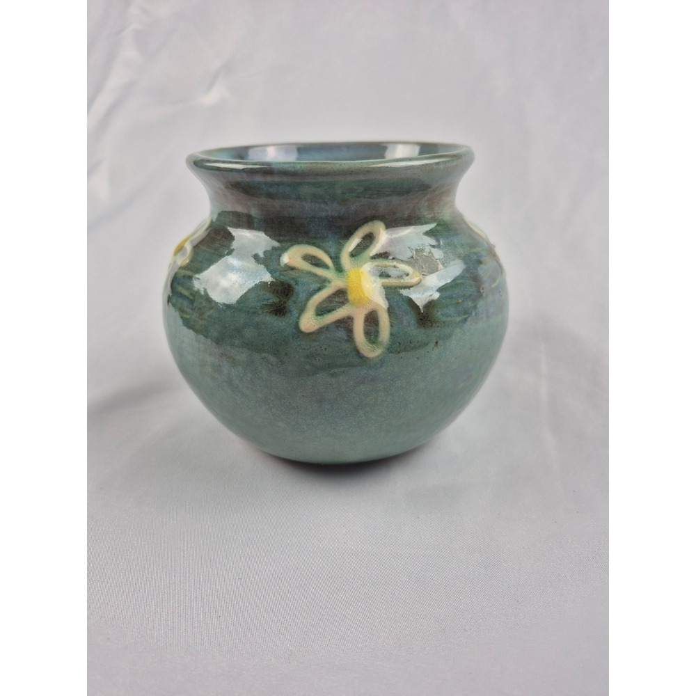 Vintage Studio Art Pottery Bud‎ Vase Handmade Ceramic Teal Blue Floral Signed